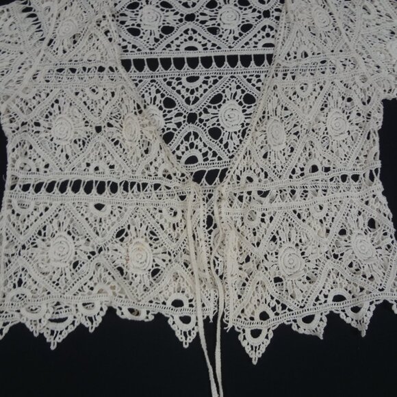 CROCHET 3/4 SLEEVE OPEN FRONT WOMENS BLOUSE OFF WHITE MEDIUM L239 - Picture 7 of 7